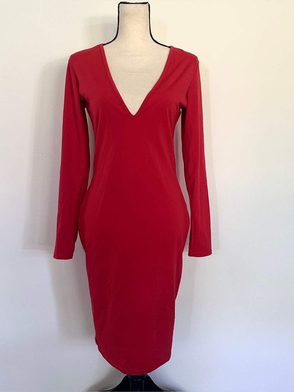 Long sleeve deep V midi dress